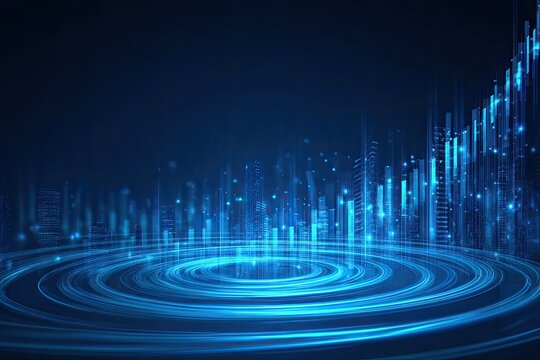 Abstract digital city graphic with data swirls and rising bar charts in shades of blue