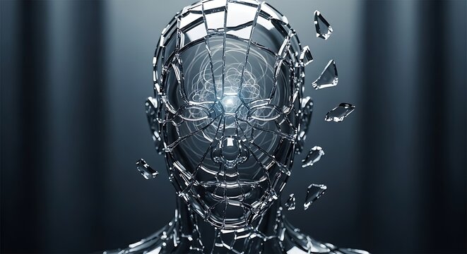 Abstract metallic robot head shattering into pieces with glowing blue light