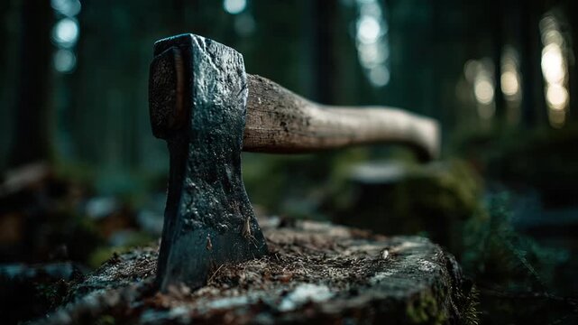 A weathered axe embedded in a tree stump, set in a blurred forest environment
