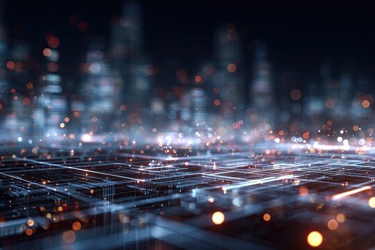 Digital landscape envisions cityscape with glowing lights, abstract network grid, and depth of field