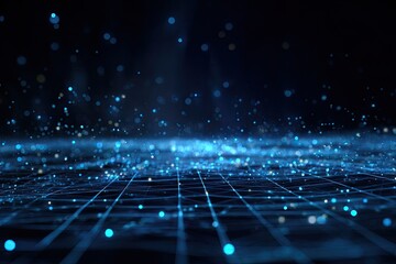 Futuristic abstract background of a grid with floating blue particles and blurred lights