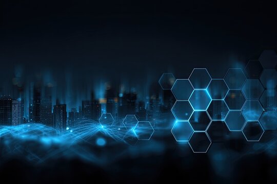 Futuristic city skyline with interconnected data streams and hexagonal shapes in a dark, cool color scheme