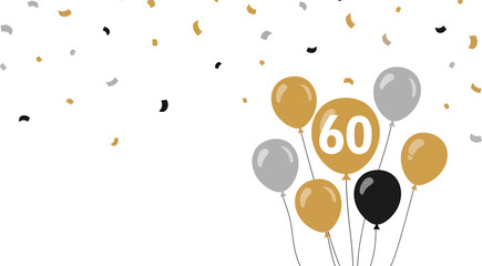 Golden and silver balloons with confetti celebrating a 60th birthday