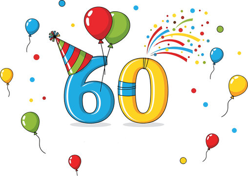 60th Birthday Celebration with Balloons and Confetti Illustration