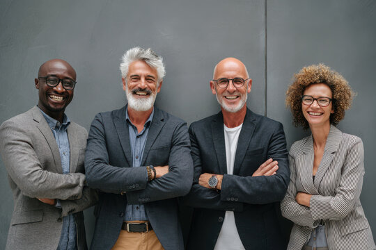 Professional business team stands together, smiling confidently against gray wall