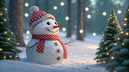 A cheerful snowman stands amidst snowcovered fir trees adorned with lights, radiating a festive and magical atmosphere in a winter wonderland