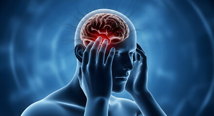 Intense brain pain and headache depicted with red highlighted neural activity