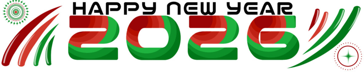 A graphic design featuring the year "2026" in a stylized font with red and green color gradients, flanked by decorative elements on a transparent background, creating a modern and celebratory visual.