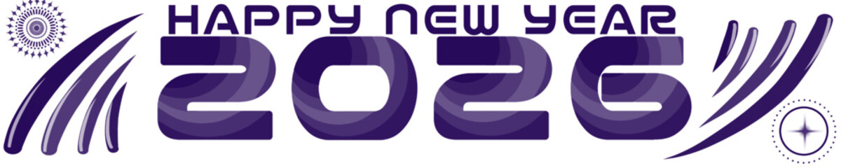 A festive greeting card design for Happy New Year 2026. It features stylized purple numbers and text with wave patterns, complemented by decorative floral ornaments and abstract lines.