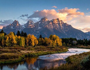 Majestic peaks at sunset, with autumn trees and a flowing river