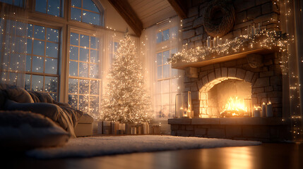  Cozy living room scene with Christmas tree beside a warm fireplace, dynamic lighting, sparkling ornaments, and animated fire particles, premium digital holiday screensaver design, isolated on white