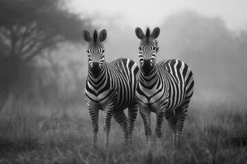 Fototapeta premium Two zebras stand side by side in misty field, calm and watchful gaze evident
