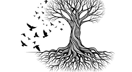 Majestic tree with intricate roots symbolizing growth strength and life