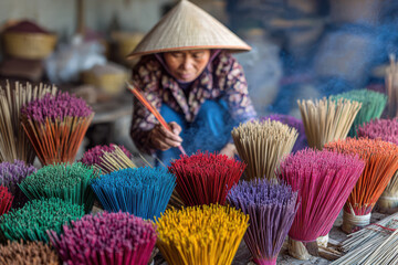 Diligent artisan preserves tradition, crafting vibrant colorful incense sticks