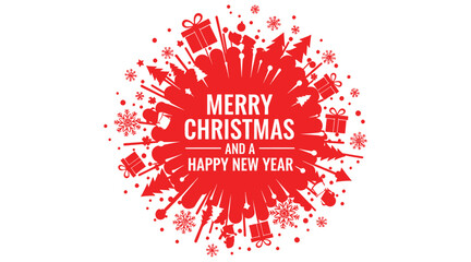 A vibrant red circular design featuring christmas trees, gifts, and snowflakes, with the greetings merry christmas and a happy new year