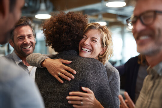 Happy colleagues embracing, celebrating team success in joyful business environment