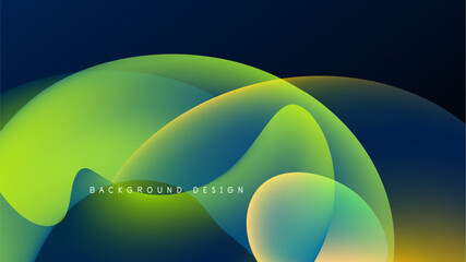 Abstract fluid shapes blend vibrant greens, yellows, blues over dark background. Modern design evokes energy, movement.