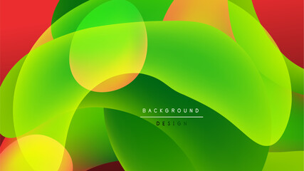 Abstract fluid shapes blend, creating vibrant gradients. Green, yellow, red hues dominate dark background. Modern design element.