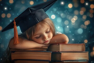 Child sleeping on books with graduation cap