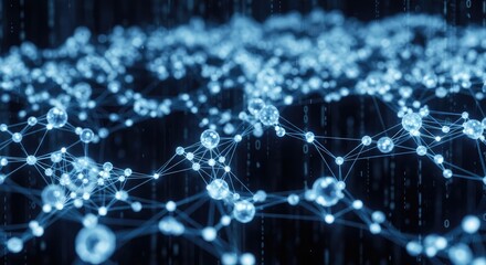 Abstract network with interconnected nodes and binary code background