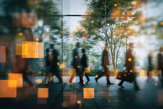 Blurred silhouettes of professionals walking past a glass wall, with digital light effects