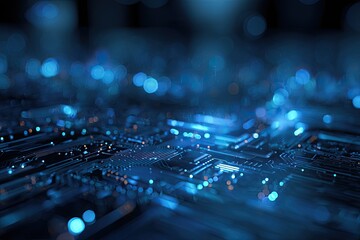 A close-up, artistic image of a circuit board with blue and orange glowing elements