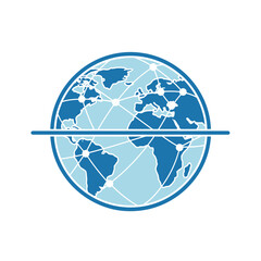 A stylized globe shows continents connected by lines and dots with horizontal line.