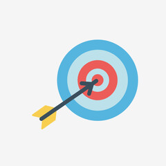 Arrow hits the center of a target with concentric circles.