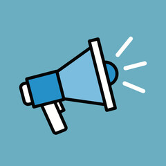 A blue megaphone with white accents and sound waves emanating from it.
