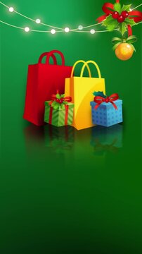 Christmas Shopping Bags and Gifts on Green Background with Festive Lights.