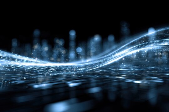 Abstract digital city scape with flowing light trails and blurred background, dark