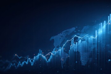 Digital depiction featuring a rising stock chart overlaid on a world map in shades of blue