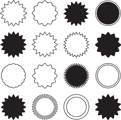 Starburst badge icon set Black solid and outline promo sticker shape collection Vector graphic elements