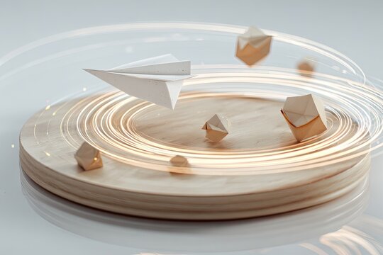 A minimalist design of a paper airplane above a wooden platform, surrounded by geometric shapes and light trails