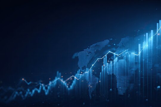 Digital depiction featuring a rising stock chart overlaid on a world map in shades of blue