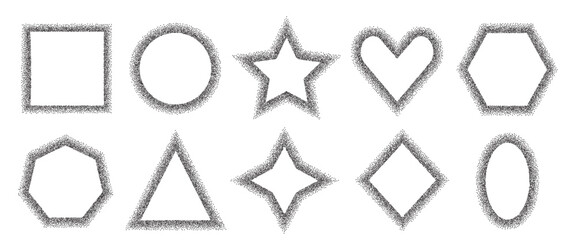 Noise geometric shapes frames set. Grainy textured black y2k brush stroke line frame callouts elements. Heart, triangle, star and circle dotwork text boxes. Vector gritty stickers forms.