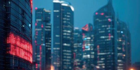 Obraz premium Dusk cityscape with dark modern skyscrapers lit up by glowing red lights and soft building lights