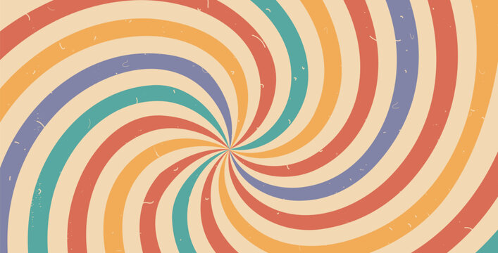 Groovy swirl rainbow starburst background. Retro spiral vertigo rays abstract illustration. Vector wavy retro decoration. Radial carnival stripes vintage backdrop. Sunburst 70s pop art design.