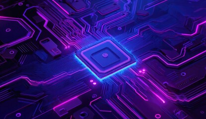 Futuristic neon lit circuit board with a central processor, technology design