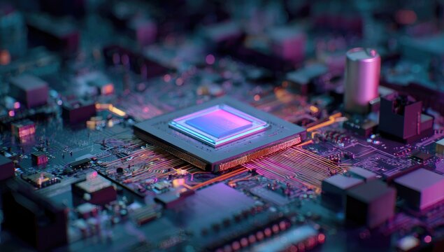 Macro shot of a central processing unit (CPU) on a circuit board lit with blue and purple hues