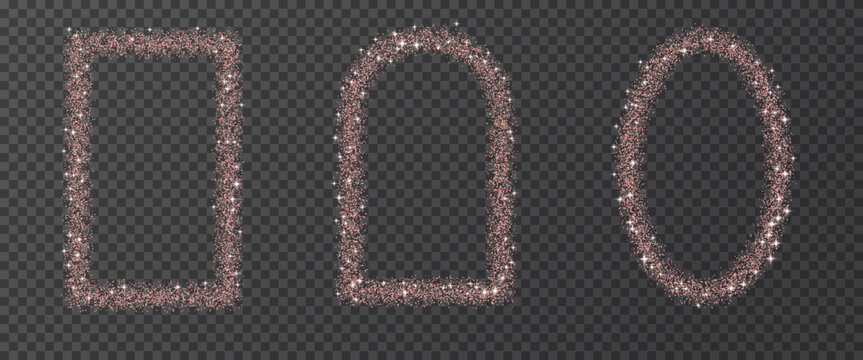 Rose gold glitter geometric frames set. Stardust arc, rectangle and oval Christmas confetti borders. Pink glitter square, arch, ellipse text boxes . Party shimmering callouts. Vector illustration.