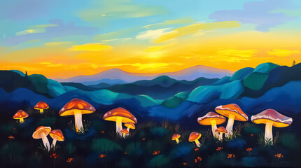 Colorful Sunset Landscape with Fantasy Mushrooms in the Foreground
