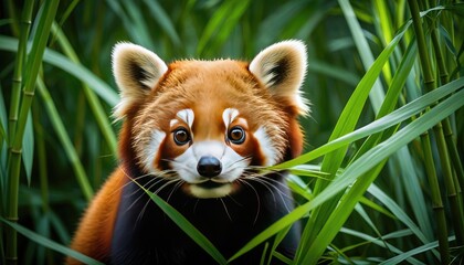 Adorable Red Panda Portrait: Curious Wildlife Face Amongst Lush Green Bamboo Leaves - A Charming Animal Close-Up