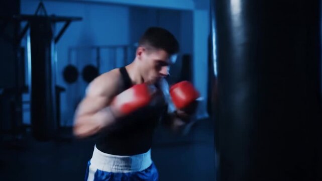 Young caucasian man training boxing in gym. Boxer hitting punching bag, practicing combat sport workout footage.