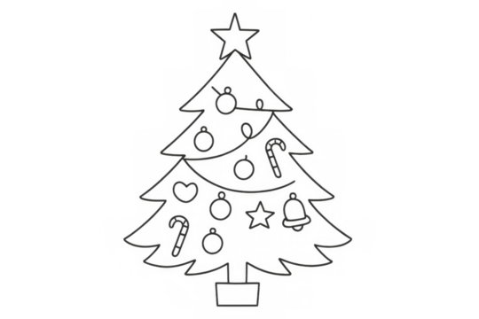 Christmas tree black line art drawing decorated with star, ornaments, candy canes, traditional holiday symbol