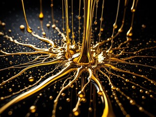 Abstract Golden Liquid Splatter Macro: Viscous Fluid Flowing, Droplets, and Luxurious Metallic Texture on Black