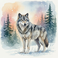 Watercolor art of a wolf in winter