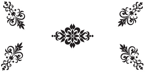 Black Calligraphy Floral Corner and Center Ornament Set Vector