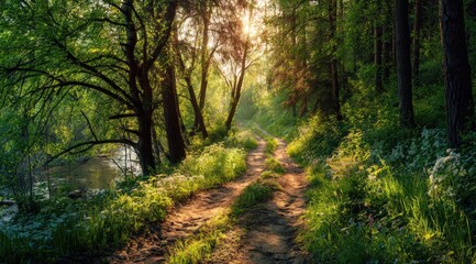 Sunlit forest path, morning mist