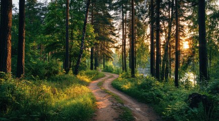 Obraz premium Sunlit forest path winding towards a tranquil lake. Lush greenery, tall pines, and a golden sunset light the scene